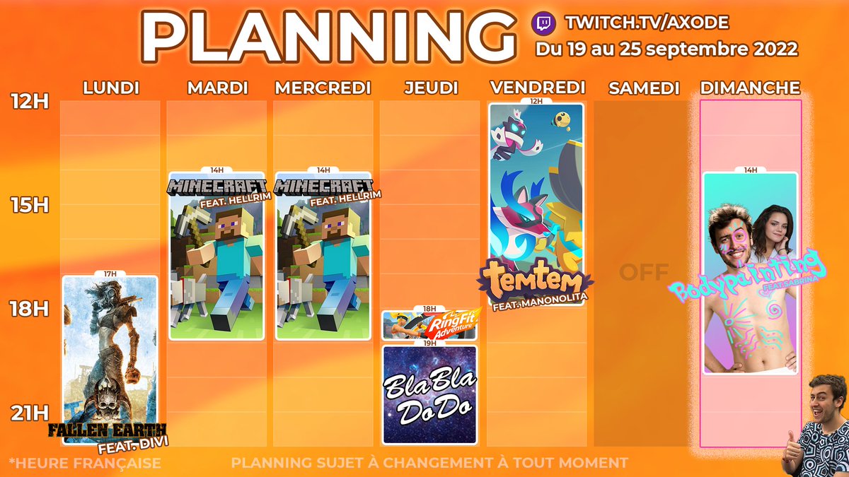 NitoAxode's tweet photo. [PLANNING] https://t.co/BE5zzsWHrd

Au programme, cette semaine, en #stream :

• On découvre #FallenEarth avec @Divi_Vilanui !
• Une belle aventure coop sur #Minecraft avec @Hellrim_Fr !
• On s'amuse sur #Temtem avec @Manonolita14 !
• STREAM BODYPAINTING ! 

Ça vous plaît ?✨ https://t.co/qftPizl5LY