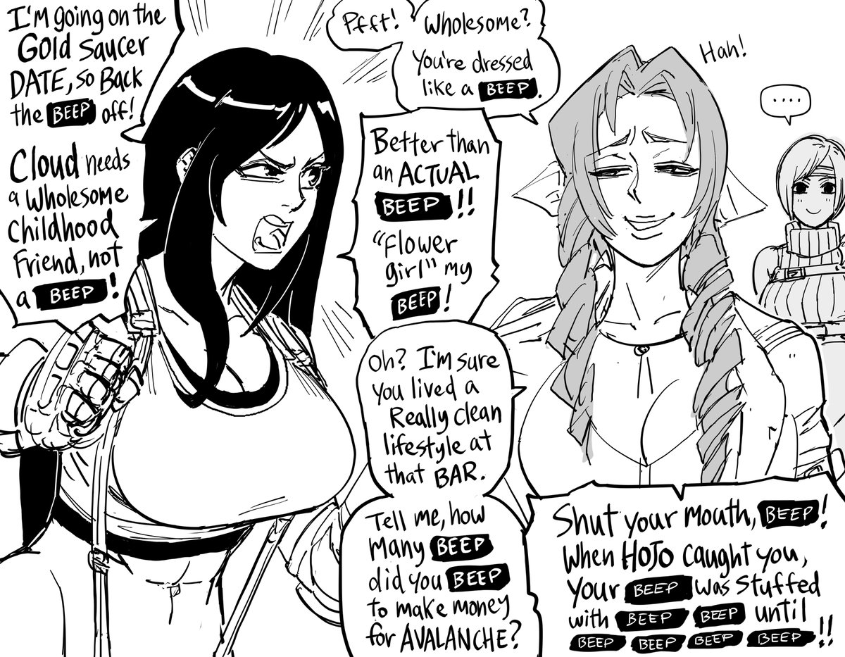 baalbuddy's tweet photo. Patreon request: 
Final Fantasy 7's Tifa and Aerith fighting over the Gold Saucer date. https://t.co/v5SUinuaLV