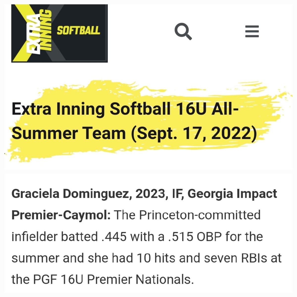 Thank you <a href="/ExtraInningSB/">EXTRA INNING SOFTBALL</a> for selecting me to the 16U All-Summer Team for the second year in a row! Congrats to my @gaimpactcaymol teammates <a href="/ReeseKnox10/">Reese Knox</a> <a href="/emilylegrand1/">Emily Legrand</a> and <a href="/ENuwer13/">Erin Nuwer</a> for their recognitions also! <a href="/CoachSween/">Lisa Van Ackeren</a> @CoachMurrr <a href="/CoachDavis1321/">Alyssa Davis</a> <a href="/PUSoftball/">Princeton Softball</a>