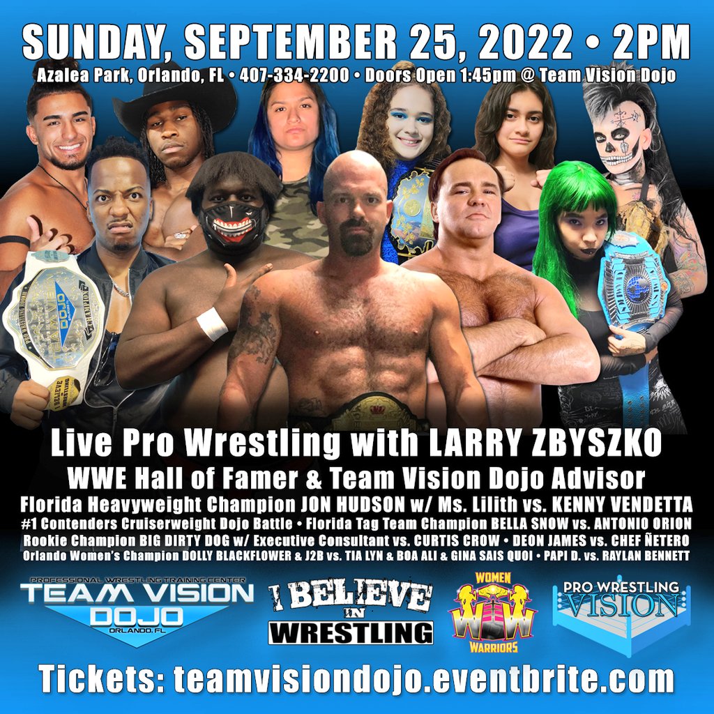 TeamVisionDojo's tweet photo. Next Sunday @TeamVisionDojo @ProWrestlingVsn @iBELIEVEinWRSTL September 25th 2:00-3:30pm in #Orlando #AzaleaPark #FL. Tickets available at: https://t.co/BaaRSOaEgf https://t.co/IO4QKaL2p0