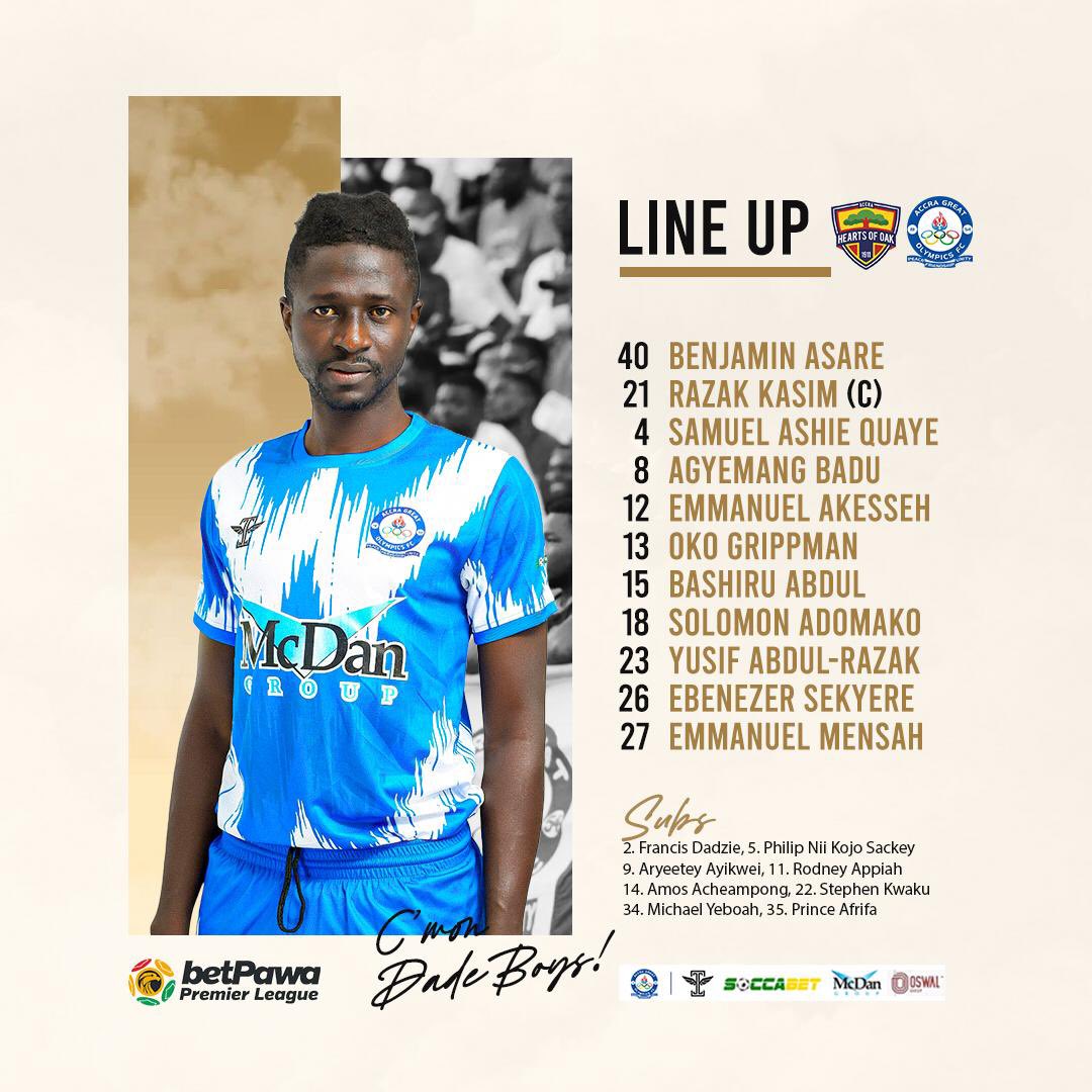 AccraGtOlympics's tweet photo. Our XI to face @HeartsOfOakGH
#DADE #EMASHIE #OLYOOOGBEMI https://t.co/yFLEkt1zVf