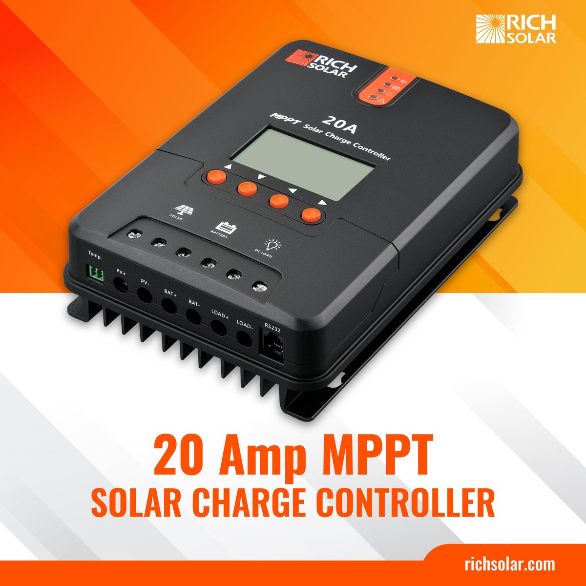 GoRichSolar's tweet photo. Introducing: Rich Solar 20 Amp MPPT Solar Charge Controller! 

A smart and highly efficient solar charge controller that will maximize your energy storage, backup, and grid-tie solar systems. 

#richsolar #offgrid #solarpanels https://t.co/luSzJQlCXp