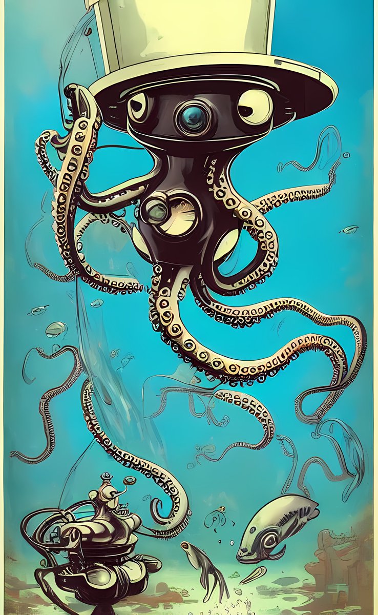 van_goodenough's tweet image. Underwater robot octopus with a top hat.
.
.
.
.
#stabledifussion #stablediffusionart #AIArtwork #AIart #underwater #Octopus #generative #artistsontwitter #Artist