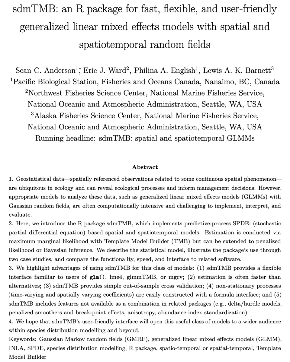 oaggimenez's tweet photo. Awesome paper by @sean_anderson @ericward_ @ecophilina @LAK_Barnett introducing R 📦 sdmTMB for fitting space x time models to ecological data w/ GLMMs and Gaussian random fields. 

https://t.co/pBHqMxf93F

Vignettes ▶️ https://t.co/TMrkty8La1 #RStats 

🗞️#174-2022 https://t.co/iGQbiK2E7i