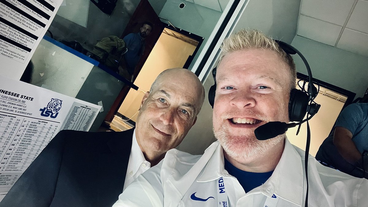KrisFreemanPA's tweet photo. The legendary Larry Tolbert spent 52 years in the booth for @MT_FB and @MTAthletics and it’s very tough to fill the shoes of a man who left such a legacy. He surprised us in the booth at the end of the game and I want him to know how much we appreciate his influence! https://t.co/3EVKhdqkWy