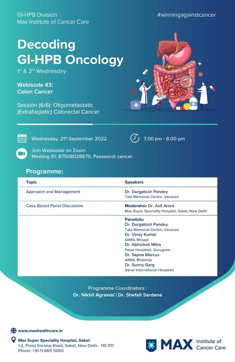 Dr. Nikhil Agrawal (@drnkhl) on Twitter photo Webisode#43 | Decoding GI-HPB Oncology
21 Sep 2022, Wed, 7 PM
Potentially Resectable (Extrahepatic) Colorectal Cancer
gioncology.in
<a href="/MaxInstCancCare/">Max Institute of Cancer Care</a> <a href="/durgatoshpandey/">Dr. Durgatosh Pandey</a> <a href="/manishdoc2000/">Manish Jain</a> <a href="/asitaroraSURG/">Asit Arora</a> <a href="/YOURONCOLOGIST/">SANDEEP BATRA</a> <a href="/drshefalisarda1/">Dr. Shefali Sardana</a> <a href="/harit_oncochat/">Harit Chaturvedi</a> <a href="/Abhishe29833743/">Dr Abhishek Mitra</a> Webisode#43 | Decoding GI-HPB Oncology
21 Sep 2022, Wed, 7 PM
Potentially Resectable (Extrahepatic) Colorectal Cancer
gioncology.in
<a href="/MaxInstCancCare/">Max Institute of Cancer Care</a> <a href="/durgatoshpandey/">Dr. Durgatosh Pandey</a> <a href="/manishdoc2000/">Manish Jain</a> <a href="/asitaroraSURG/">Asit Arora</a> <a href="/YOURONCOLOGIST/">SANDEEP BATRA</a> <a href="/drshefalisarda1/">Dr. Shefali Sardana</a> <a href="/harit_oncochat/">Harit Chaturvedi</a> <a href="/Abhishe29833743/">Dr Abhishek Mitra</a>