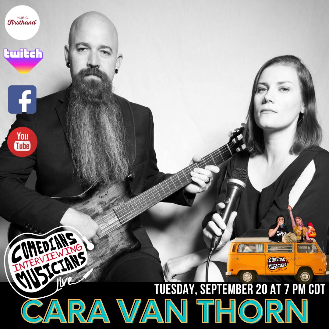 musicfirsthand's tweet photo. This Tuesday evening join us for @CaraVanThorn on Comedians Interviewing Musicians! They make an "eccentric cocktail of ’30s jazz, ’70s pop rock, ’80s goth, and ’90s alternative." Yeah, you don't wanna miss this. Live on all our streaming channels at 7 PM Central! https://t.co/ASUfFtd7T6