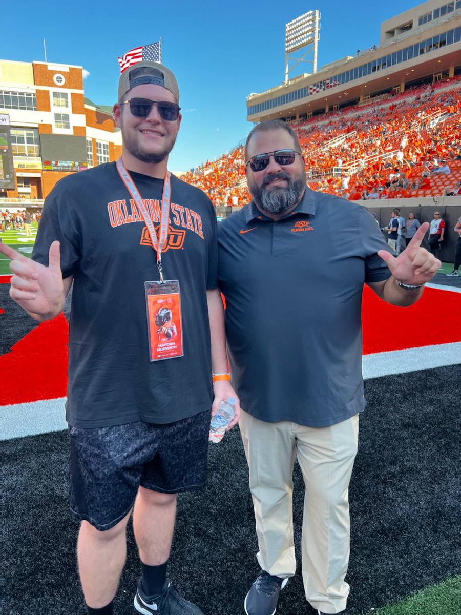 HaydenNorwich's tweet photo. Thank you @CoachZAllen and @CowboyFB staff for allowing my family &amp; I to meet everyone &amp; cheer on last night’s game! Absolutely LOVED the environment and had an amazing time! #GoPokes 
@Coach_Dickey @Coach_Bode 
@Coach_Houston @CTHS_Football https://t.co/pd5QWv9Bou
