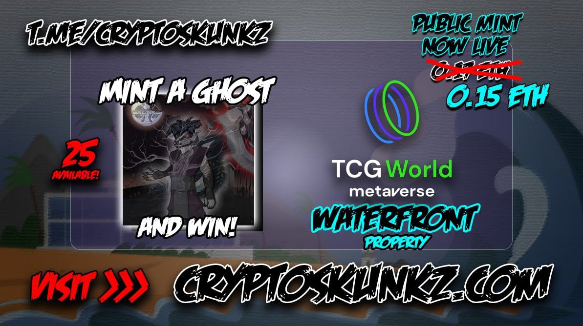 🔥🦨 CRYPTOSKUNKZ 🦨🔥

💥25 GhostSkunkz 👻🦨 have haunted their way into the #CryptoSkunkz #NFT collection
💥Mint 1 of these Stinkers &amp; win a tcg.world waterfront property
💥For every 15 MINTS (0.15 ETH), we'll give away a property NFT to 1 lucky winner
<a href="/SkunkzNFT/">Crypto Skunkz</a>