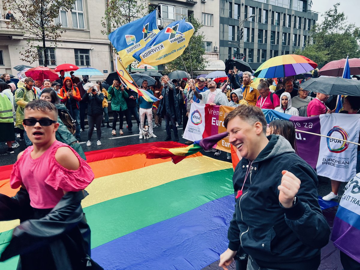 MatthewBeard14's tweet photo. We danced, we laughed, we experienced the pure joy of coming together as a community. And we did this both despite and because so many of us face discrimination and exclusion. @EuroPride @InterPride @belgradepride https://t.co/NqBXk21blT