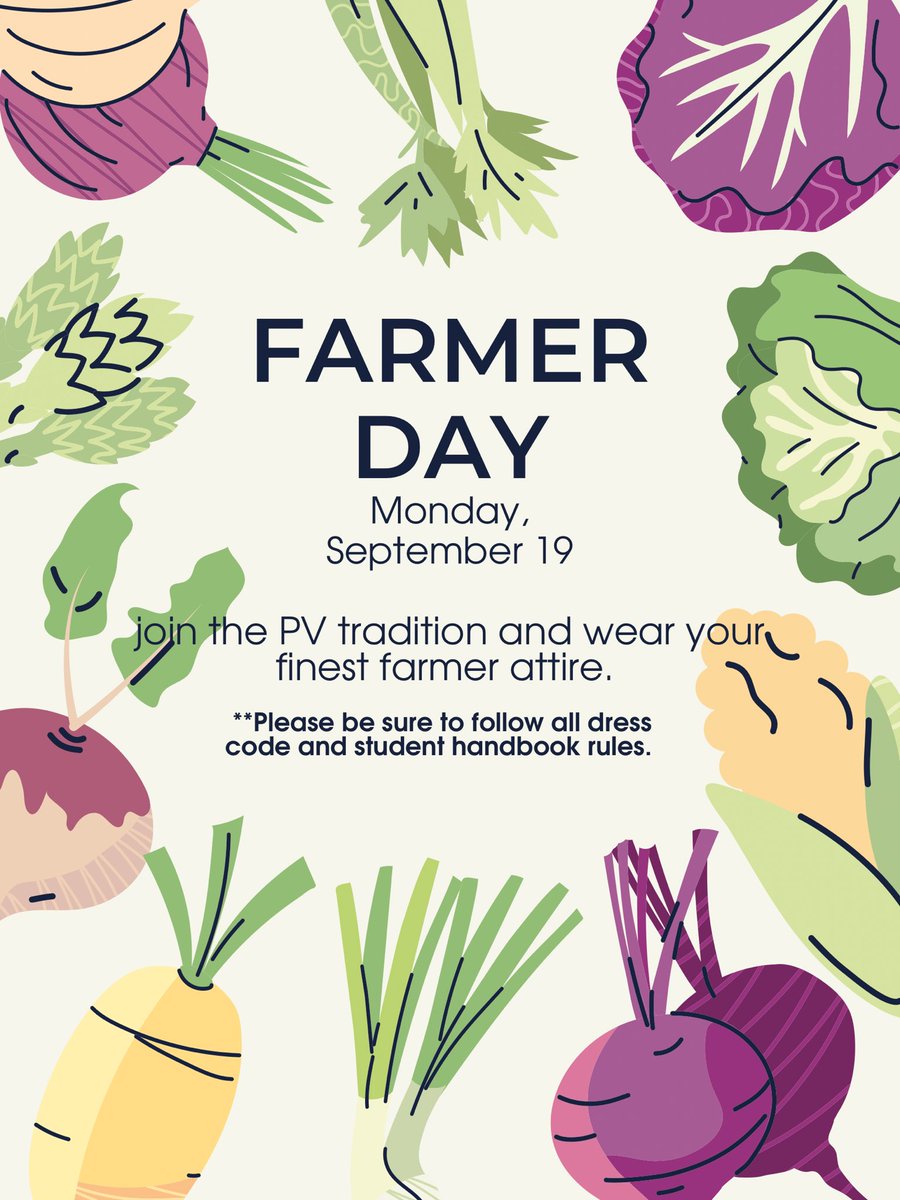 PV_SGA's tweet photo. Tomorrow is the first day of spirit week! Farmer day!! 🧑‍🌾 https://t.co/322FISl5J9