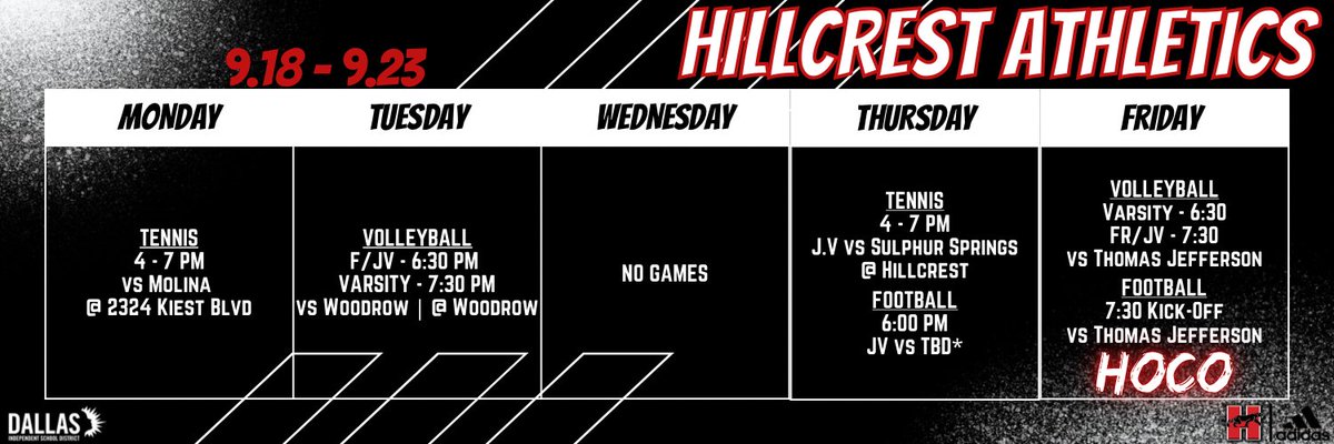 Hillcrest Athletics (@hillcrest_ath) on Twitter photo HOCO WEEK!
Our Athletics schedule for the week.
All Home game tickets available through GoFans
#PantherPride #CrestSide #RecruitTheCrest
<a href="/dallasathletics/">Dallas ISD Athletics</a> <a href="/Hillcrest_FB/">Hillcrest Panther Football</a> <a href="/PanthersHHS/">Hillcrest HS</a> @hs_hillcrest <a href="/Hillcrest_VB/">Hillcrest Volleyball</a> <a href="/CrestTennisHHS/">Hillcrest Tennis</a> HOCO WEEK!
Our Athletics schedule for the week.
All Home game tickets available through GoFans
#PantherPride #CrestSide #RecruitTheCrest
<a href="/dallasathletics/">Dallas ISD Athletics</a> <a href="/Hillcrest_FB/">Hillcrest Panther Football</a> <a href="/PanthersHHS/">Hillcrest HS</a> @hs_hillcrest <a href="/Hillcrest_VB/">Hillcrest Volleyball</a> <a href="/CrestTennisHHS/">Hillcrest Tennis</a>
