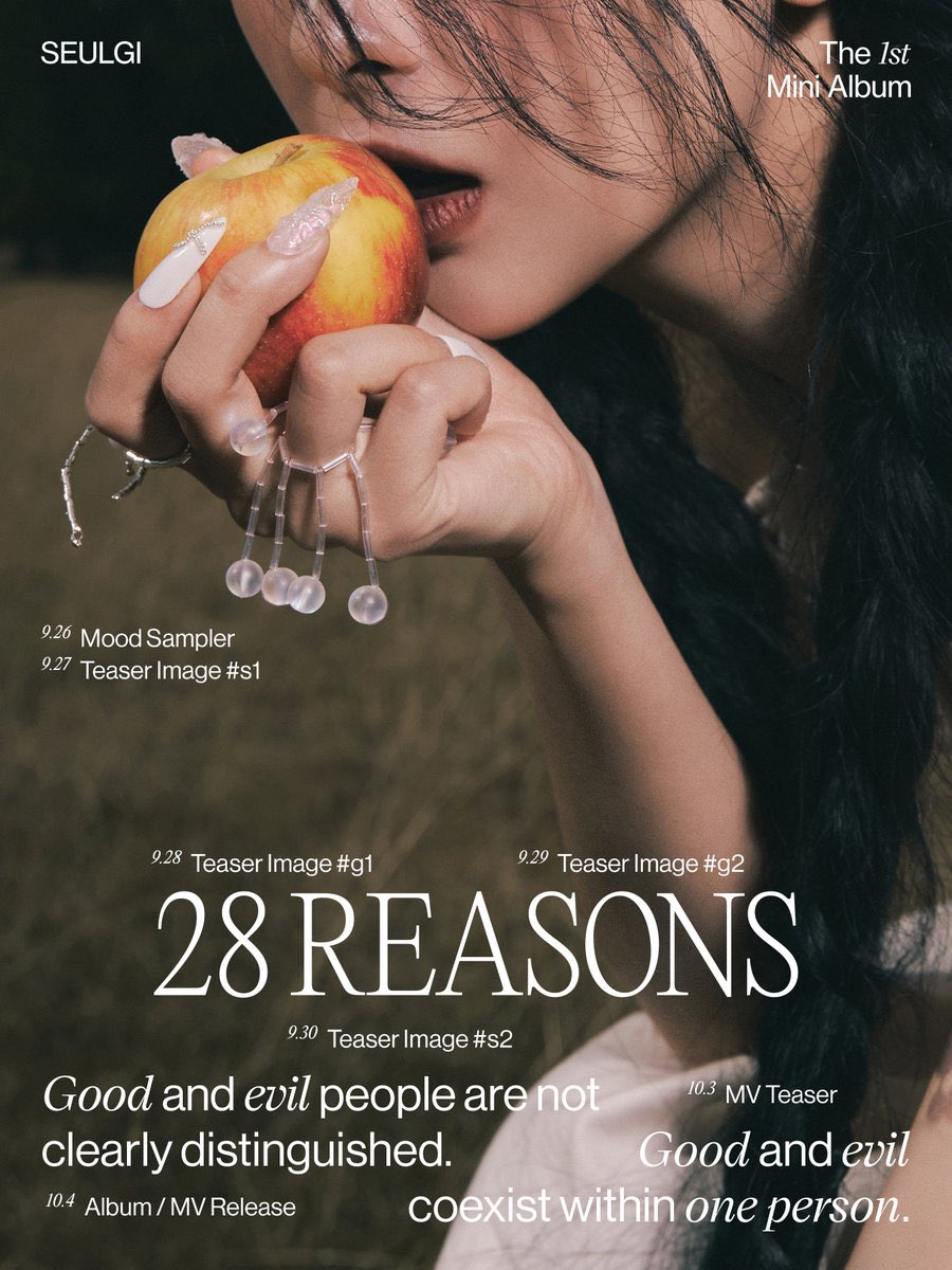 SEULGI_TH's tweet photo. ตารางปล่อยทีเซอร์ 
มินิอัลบั้ม ‘#28Reasons’

26 กันยา - Mood Sampler
27 กันยา - ภาพทีเซอร์ #s1
28 กันยา - ภาพทีเซอร์ #g1
29 กันยา - ภาพทีเซอร์ #g2
30 กันยา - ภาพทีเซอร์ #s2
3 ตุลา - MV ทีเซอร์
4 ตุลา - ปล่อยอัลบั้มและ MV

#SEULGI #슬기 @RVsmtown https://t.co/GE0BOz2QwV