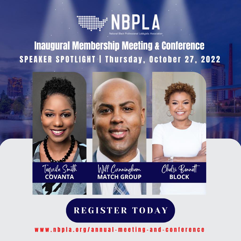 NBPLAorg's tweet photo. Here is a sneak peek at some of our influential speakers for next month's 2022 Membership Meeting &amp; Conference held in Birmingham, Alabama.

- Tequila Smith from @Covanta 
- William Cunningham from Match Group
- @chelsihbennett from Block

Have you registered yet? https://t.co/QN3M9TA9SD