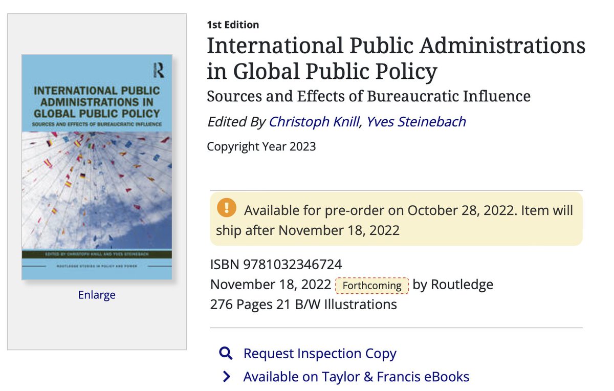 Coming soon in print:

“International Public Administrations in Global Public Policy“ (eds. @christoph_knill &amp; <a href="/YSteinebach/">Yves Steinebach</a>).

It’s the final piece of our 6+ years of work in the <a href="/IPA_Research/">IPA</a> Unit:
routledge.com/International-…

Online version is already there:
doi.org/10.4324/978100…