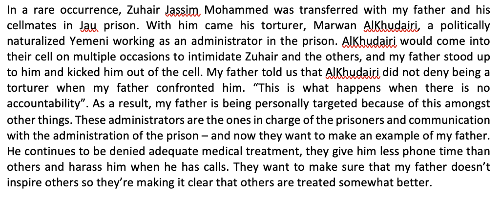 My father, Danish/Bahraini HRD, is being targeted in prison because he stood up to torturer Marwan Alkhudairi. The prison administrators, most of him are politically naturalized, want to use him as an example so no-one dares to do what he's doing - speaking up. #Bahrain #DKPol