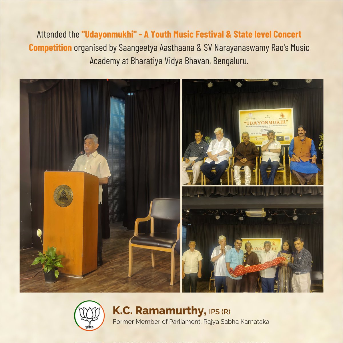Attended the "Udayonmukhi" -A Youth Music Festival &amp; State level Concert Competition organised by Saangeetya Aasthaana &amp; SV Narayanaswamy Rao's Music Academy at Bharatiya Vidya Bhavan, Bengaluru.