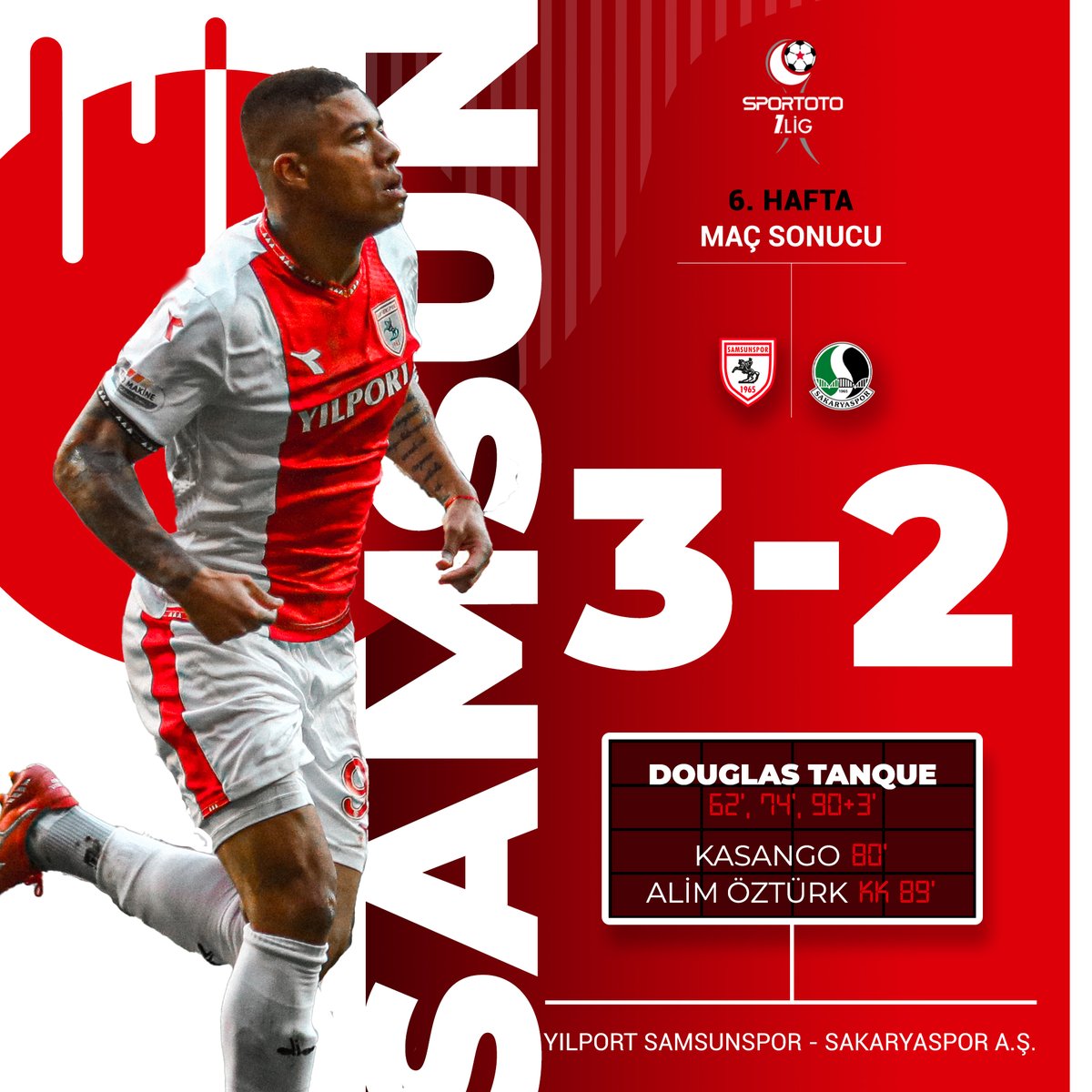 Samsunspor's tweet photo. ⏱️ 90+8' : Maç sonucu!
Yılport Samsunspor 3 - 2 Sakaryaspor A.Ş.
#SAMvSAK https://t.co/ucqxYe8jCO