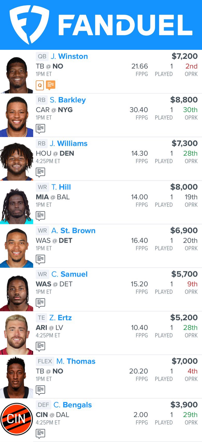 ThisisthewayDFS on Twitter: "Final look at NFL Fanduel lineups for week