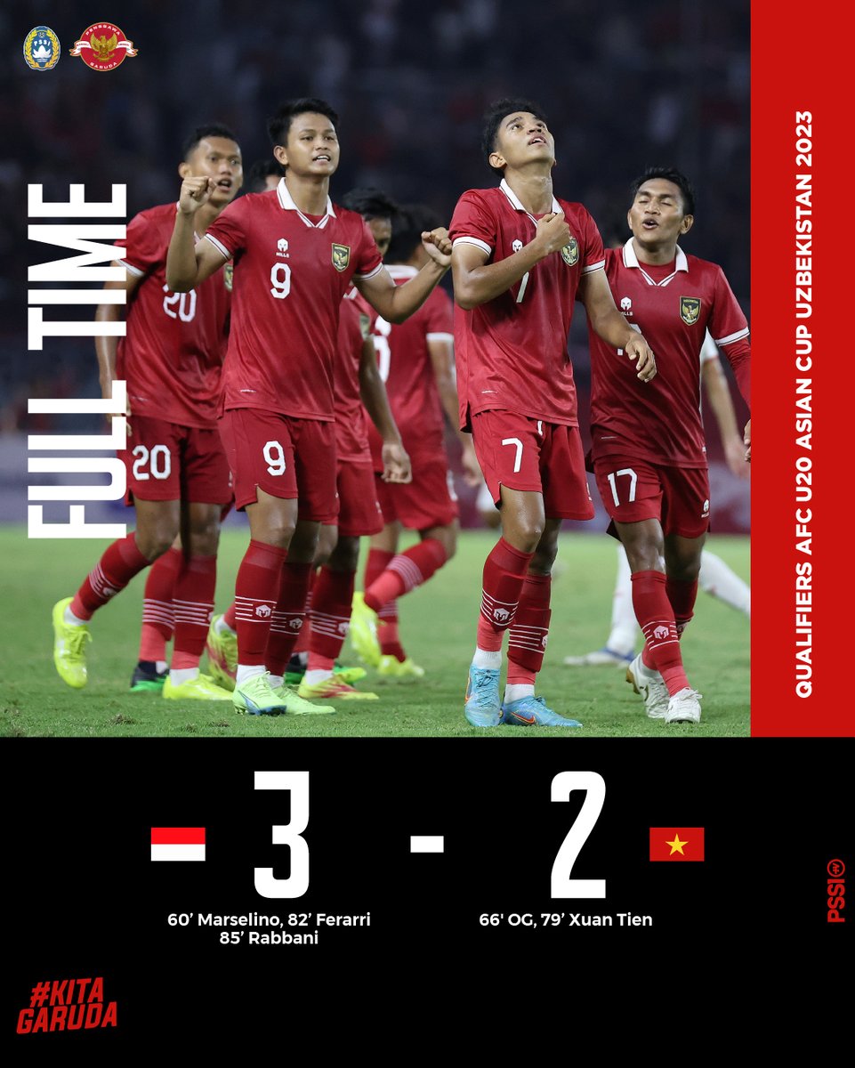 PSSI's tweet photo. Tiga gol yang dicetak Garuda Nusantara berhasil membawa Indonesia unggul atas Vietnam dan menjadi juara Grup F. ✨

Selamat, Garuda Nusantara sukses melaju ke Piala Asia 2023 di Uzbekistan! ❤️🇮🇩

#KitaGaruda #MeraihImpian #TimnasDay https://t.co/gKt7gVow3M