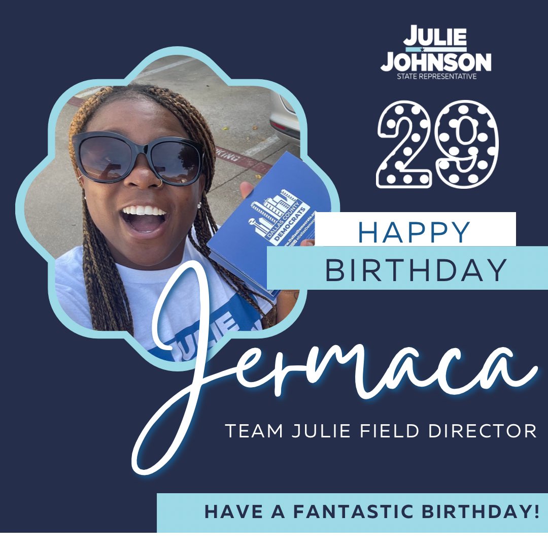 juliejohnsonTX's tweet photo. It’s a big day on #TeamJulie — our Field Director is turning 29! 

Join us in celebrating @JermacaBrown by helping her do what she does best — let’s organize!

Can you sign up for a volunteer shift in #HD115 in honor of Jermaca’s 29th birthday? Join us at https://t.co/Wwy1dnojny https://t.co/ZDjTdcnwCM