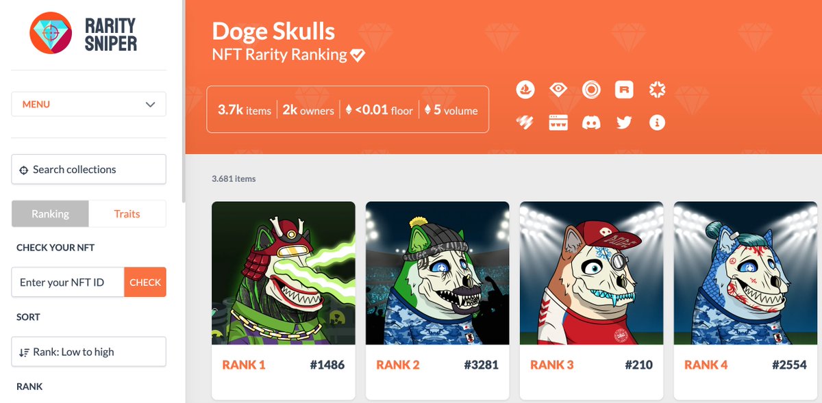 We just listed the ranking of NFT DogeSkulls in Rarity Sniper.
raritysniper.com/doge-skulls

Enjoy it while it's cheap, just 0.005 ETH to mint and find a rare NFT. With the value of lunch you can win a car in the long term!

Be safe and have fun, we're just getting started!

#NFT #ETH