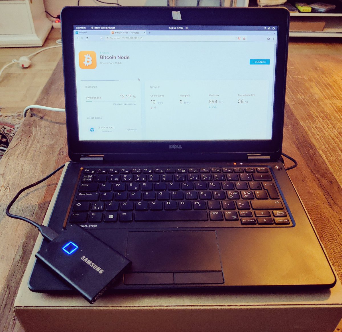 If you are in Malmö come and join me <a href="/_FooCafe_/">Foo Café</a> to find out how to set up and secure a Lightning node that you can run in your home. This laptop is running <a href="/umbrel/">Umbrel ☂️</a> on <a href="/fedora/">Fedora Project (@fedora@fosstodon.org)</a>. It's fully encrypted and the USB drive adds a biometric to the mix. #Bitcoin #LightningNetwork