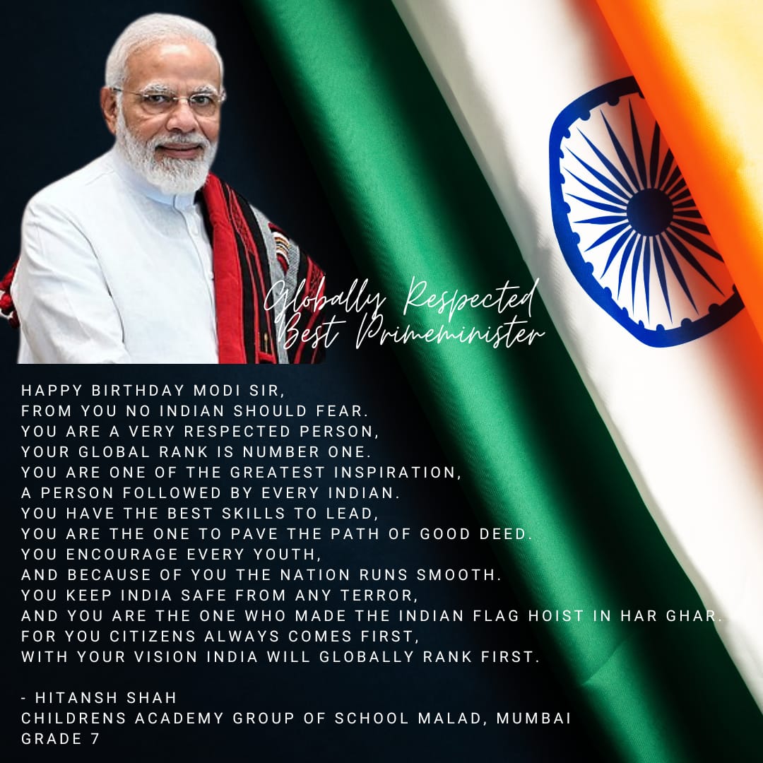 Hitansh05047022's tweet photo. Happy Birthday Shri @narendramodi @PMOIndia  Globally respected best Prime Minister @PakPMO #Modi #Modiji #PrimeMinister #bestpm #India #indian #poetry #poet #NarendraModiji #NarendraModiji #narendramodibirthday #NarendraModijiBirthday #birthdaypoem #poemformodiji #bestpmofindia https://t.co/i4hMbvMUzs
