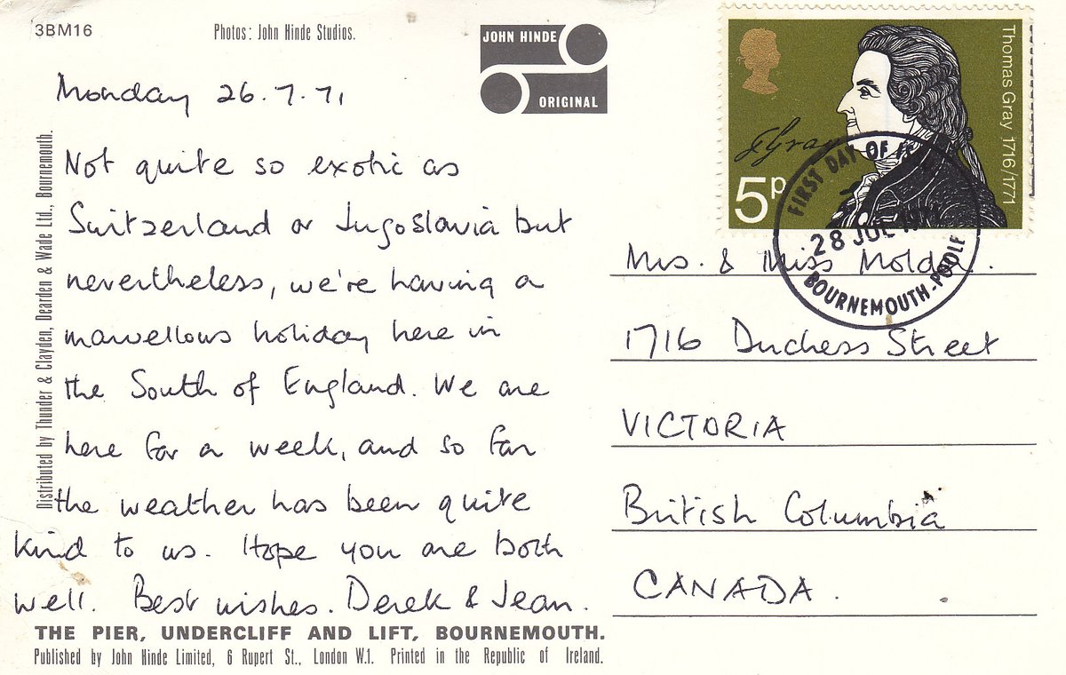 MarjeMolder's tweet photo. #philately #Vintage #English #Souvenir #Greetings #postcard of #Bournemouth PU #stamp #GB 5p Issued 1971 English Poets Yvert: 641 Michel: 578 sent from #Postmark #Cancel #FirstDayIssue Bournemouth July 28, 1971 to #Victoria #BC #Canada #Deltiology #England #Ephemera https://t.co/XatobL7pis