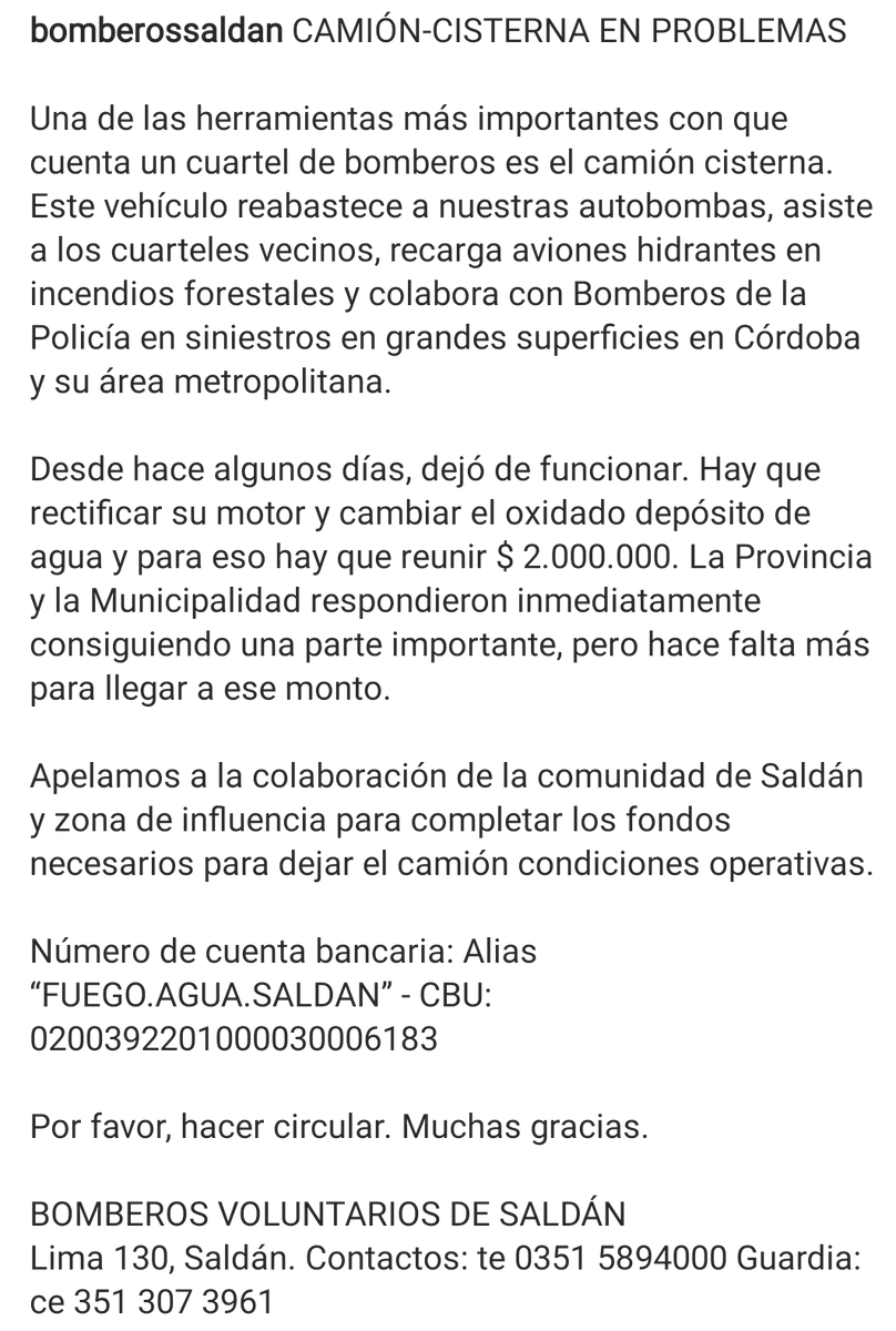 Los bomberos voluntarios de Saldán necesitan ayuda 🙏