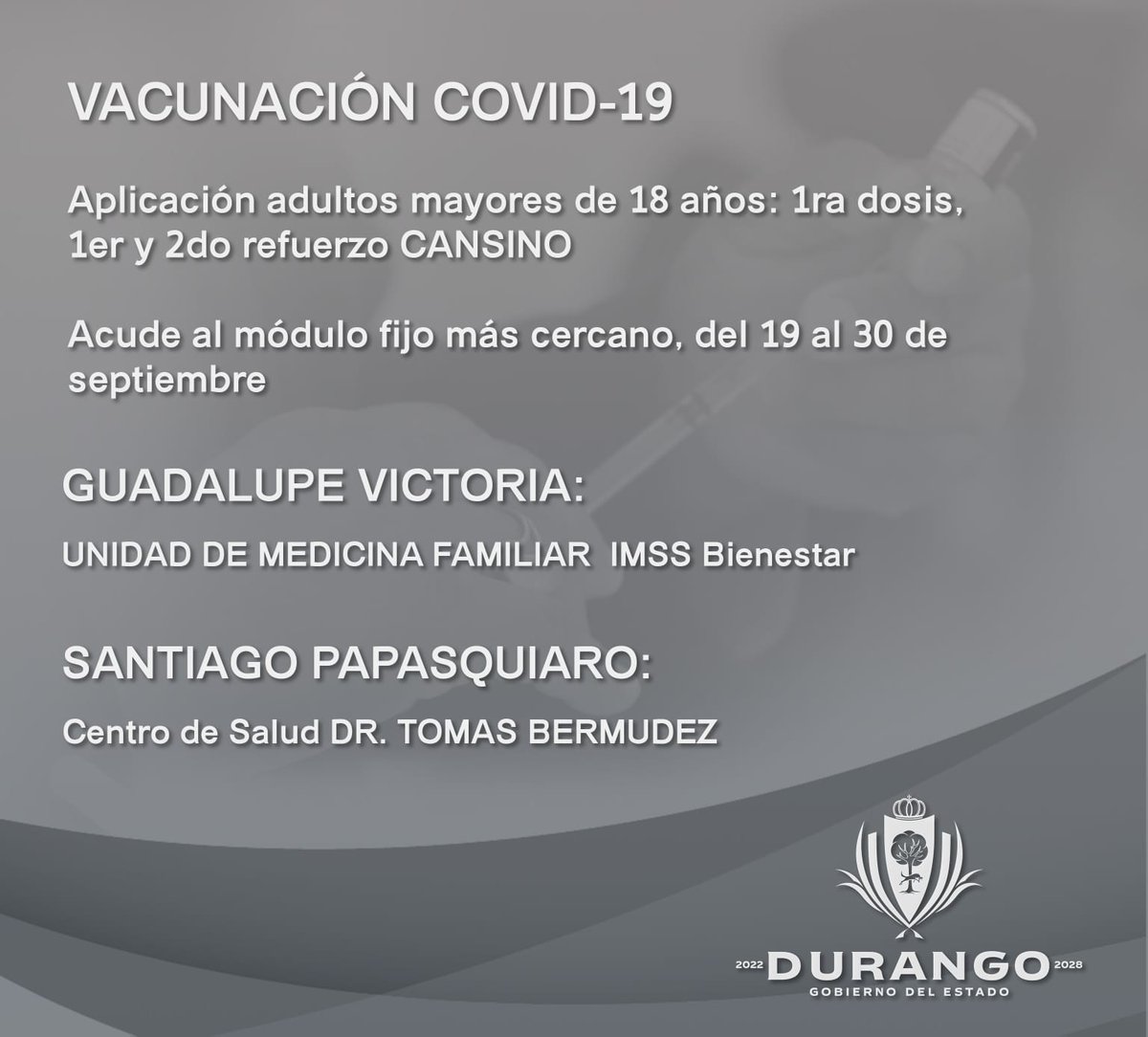 SSDurango's tweet photo. #ATENCIÓN 
Del 19 al 30 de septiembre, se contará con módulos fijos de vacunación contra #COVID19 para adultos mayores de 18 años. 
👉 ubica el más cercano https://t.co/f08CdCZTMN