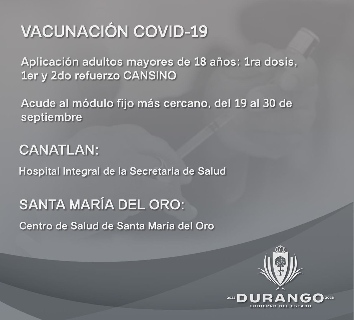 SSDurango's tweet photo. #ATENCIÓN 
Del 19 al 30 de septiembre, se contará con módulos fijos de vacunación contra #COVID19 para adultos mayores de 18 años. 
👉 ubica el más cercano https://t.co/f08CdCZTMN