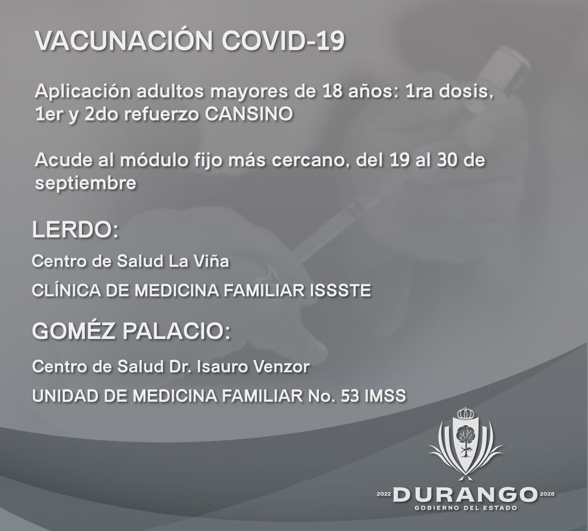 SSDurango's tweet photo. #ATENCIÓN 
Del 19 al 30 de septiembre, se contará con módulos fijos de vacunación contra #COVID19 para adultos mayores de 18 años. 
👉 ubica el más cercano https://t.co/f08CdCZTMN