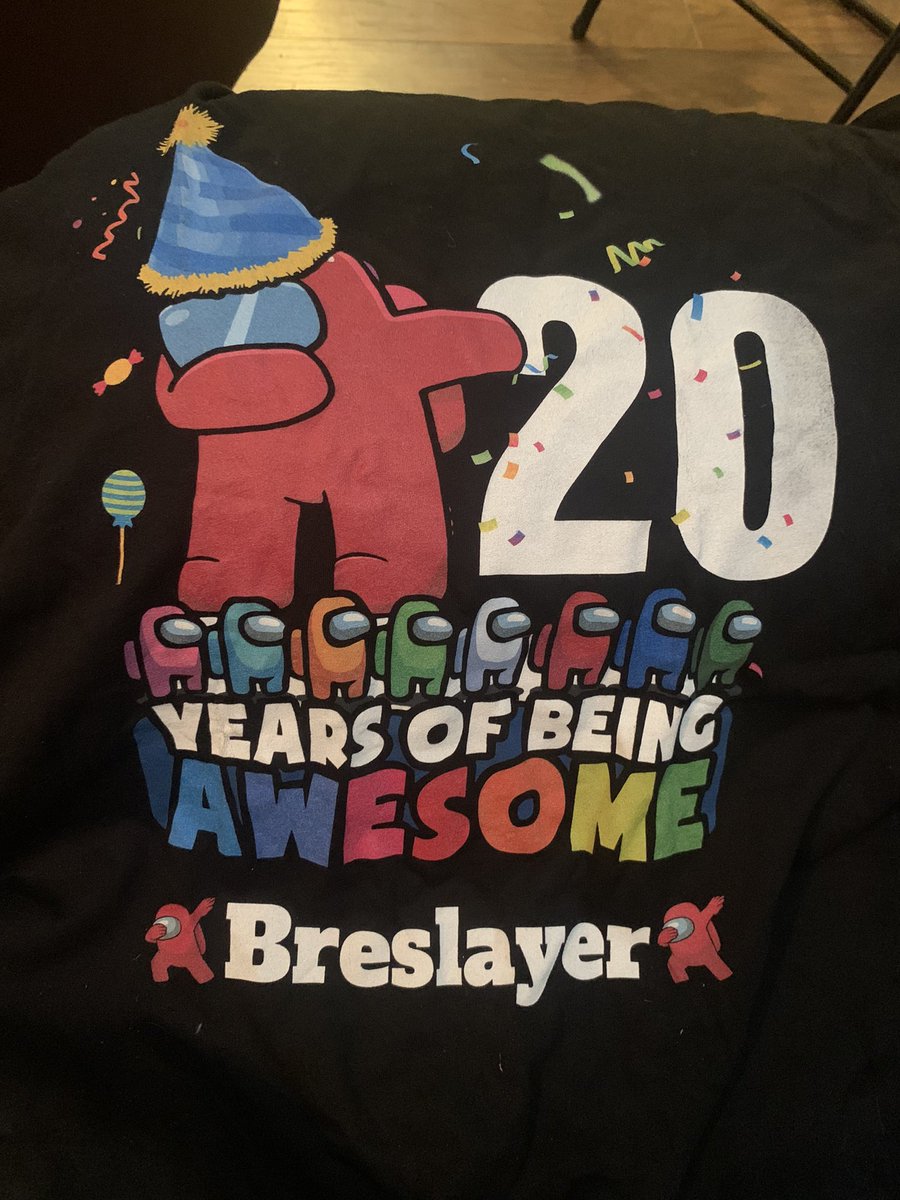 BreSlayer's tweet photo. My friend made me this shirt, and threw me an entire among us party

I will never wear this, but it’s now my prized possession

(Also it’s my birthday, yay 🎉) https://t.co/e1AOEq2RGg