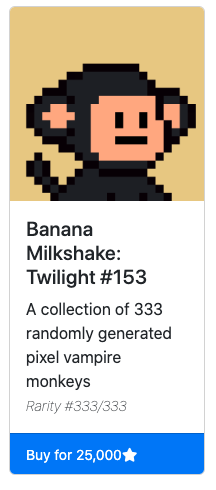 emh_mk1's tweet photo. @TSASClean1s I've got the cleanest @MBananapes Twilight vampire monkey. As expected, it's the lowest ranked item because of the lack of traits; but it's a GEM in my eyes 🤩

$STARS #NFTCommunity #NFT https://t.co/S5iRN7D1vt