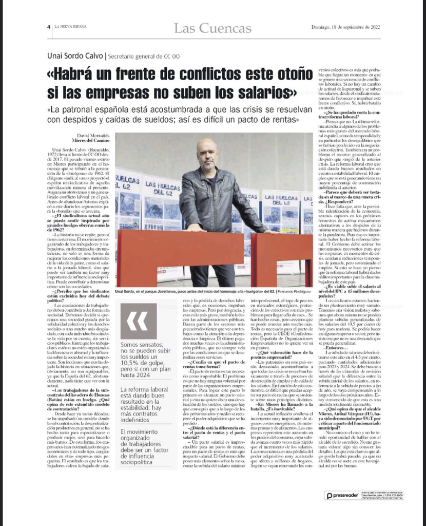 CCOO's tweet photo. 📃 @UnaiSordo, secretario general de @CCOO: "Habrá un frente de conflictos si las empresas no suben los salarios" - La Nueva España https://t.co/Yjlm5JWZ0I https://t.co/Mhcc7Yv4GN