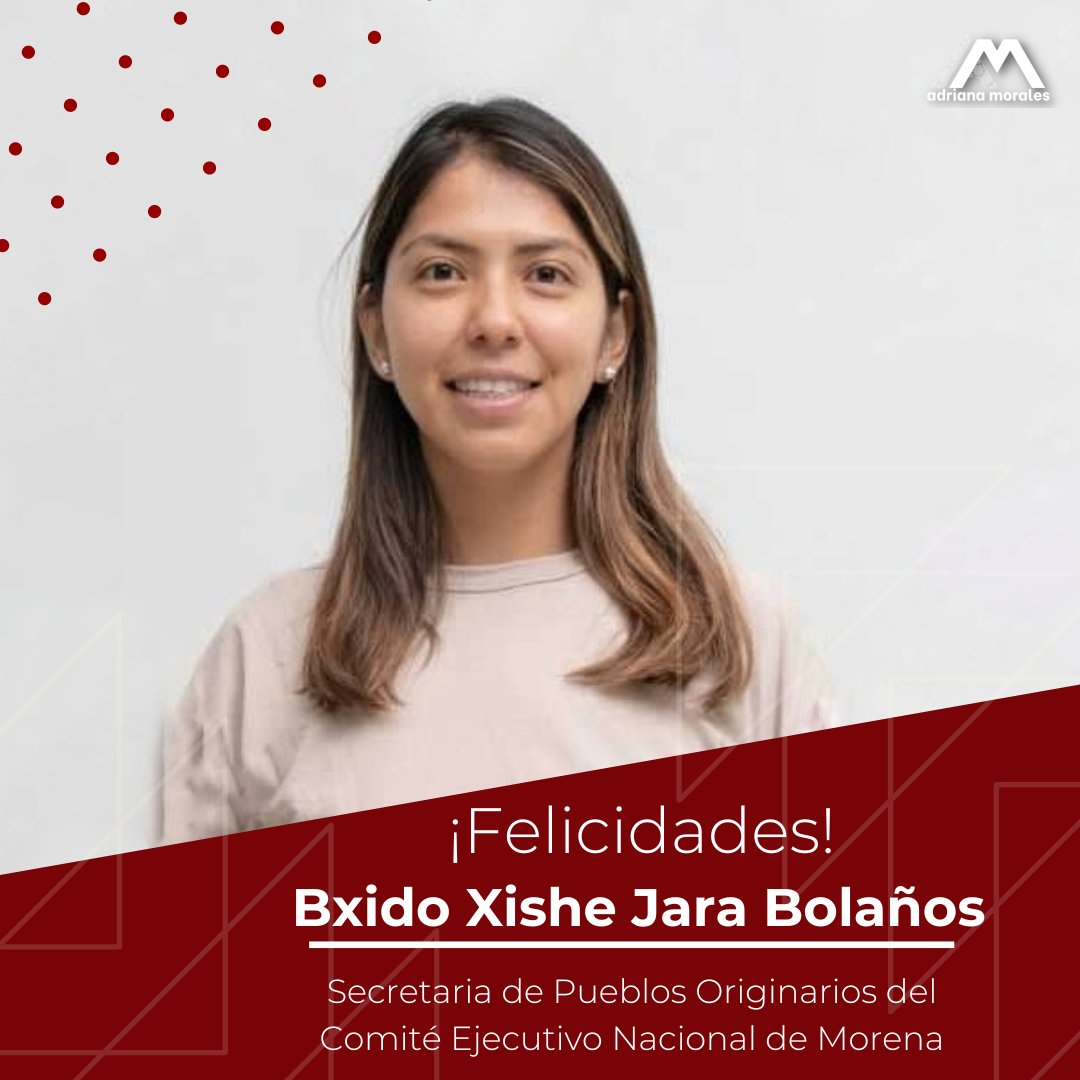Envío una gran felicitación a mi querida Bxido Jara Bolaños, quien fue nombrada como Secretaria de Pueblos Originarios del Comité Ejecutivo Nacional de Morena, sé que hará una gran labor y que sus acciones serán punto de referencia en un futuro. 
¡Éxito en esta nueva encomienda!