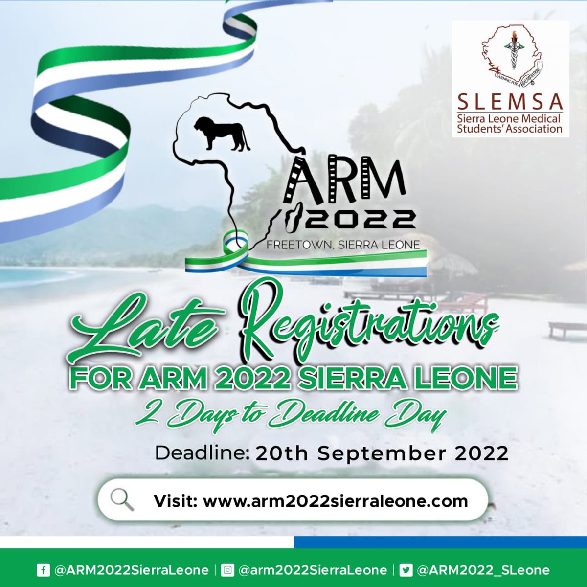 *Register here* 👇🏽👇🏽
   bit.ly/3PpfLgD       DL❗️ 20th/09

*Invitation Package*: issuu.com/slemsasl/docs/…
 
*Visit our Website*: arm2022sierraleone.com 

#arm2022hosts🇸🇱 #visitSalone🇸🇱
<a href="/slemsaSL/">SLEMSA</a> <a href="/IFMSA/">IFMSA</a>