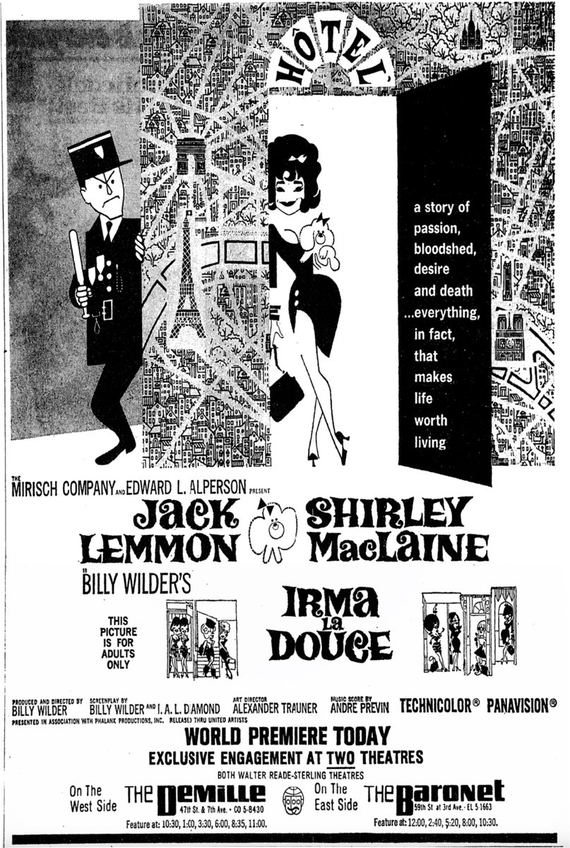 RosieBillTeam's tweet photo. The World Premiere of #IrmaLaDouce with #JackLemon & #ShirleyMacLaine in New York on June 5, 1963 at the Demille and Baronet Theatres. Oscar Nomination for Shirley MacLaine and Oscar win for #AndrePrevin for Scoring. #TCM #TCMParty https://t.co/pj4TWeDqQI