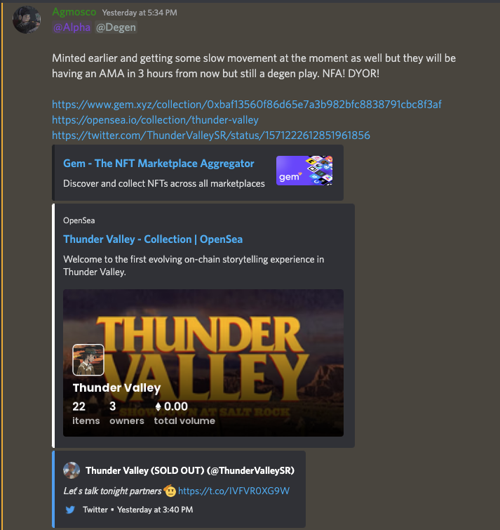 💰THUNDER VALLEY CALL PRINTING 💰

Called in Web3 Wizards Alpha @ 0.07E (less than 24H ago)
Current FP: 0.60E 

Web3 Wizards Alpha Pass FP: <0.001E

👆Theres some alpha for ya