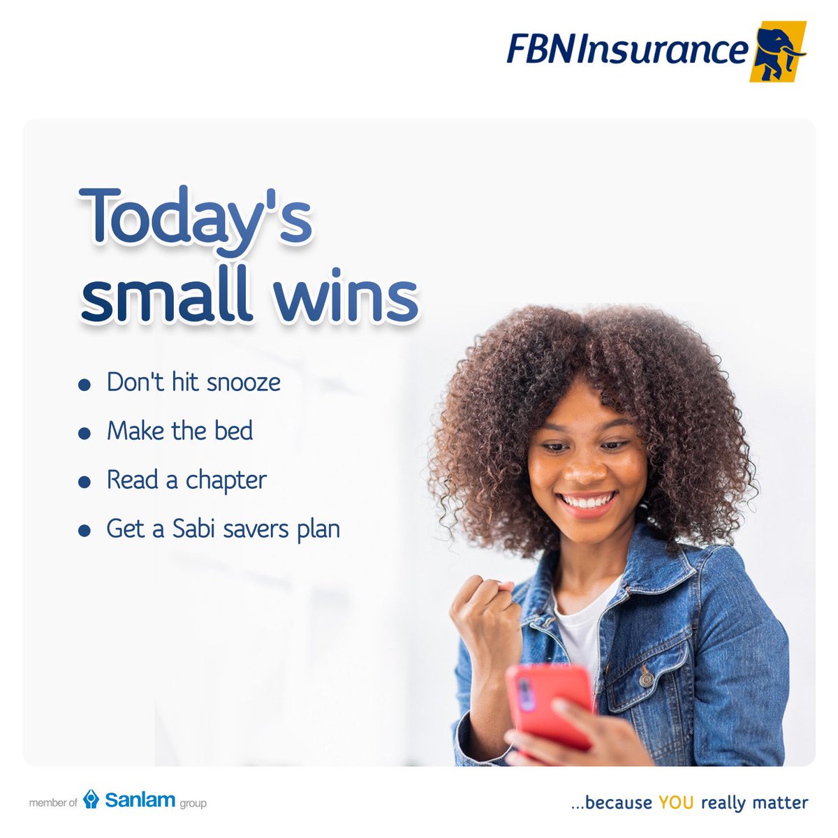 SanlamNigeria's tweet photo. It's another Sunday! Be grateful and celebrate your small wins.
While you're at it, don't forget to be productive, do the little things your future self will be proud of.
#FNBInsurance
#Insurance
#Sunday https://t.co/OCGvrp81tQ