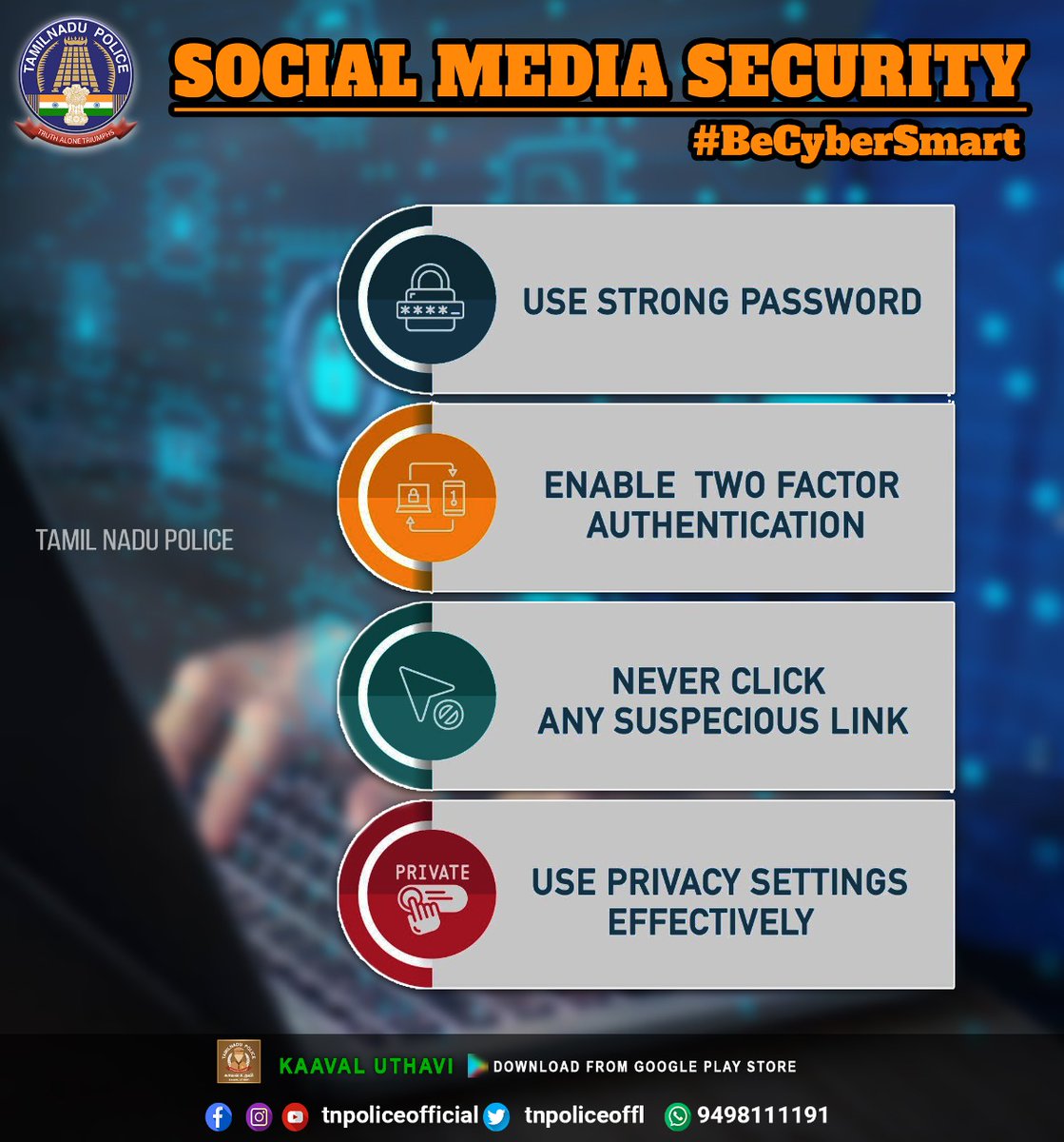 kpmpolicefor's tweet photo. Be safe on social media
Please report cybercrime-related issues to https://t.co/ZLicnZbGWa.

https://t.co/aehQkSQ6Tc…

#CyberTips #UseStrongPassword #BeCyberSmart #SocialMediaSecurity #Cybersecurity #Cybersecurity_Awareness  #DGPSylendrababuIPS #TNPolice https://t.co/yw31LHV8UU