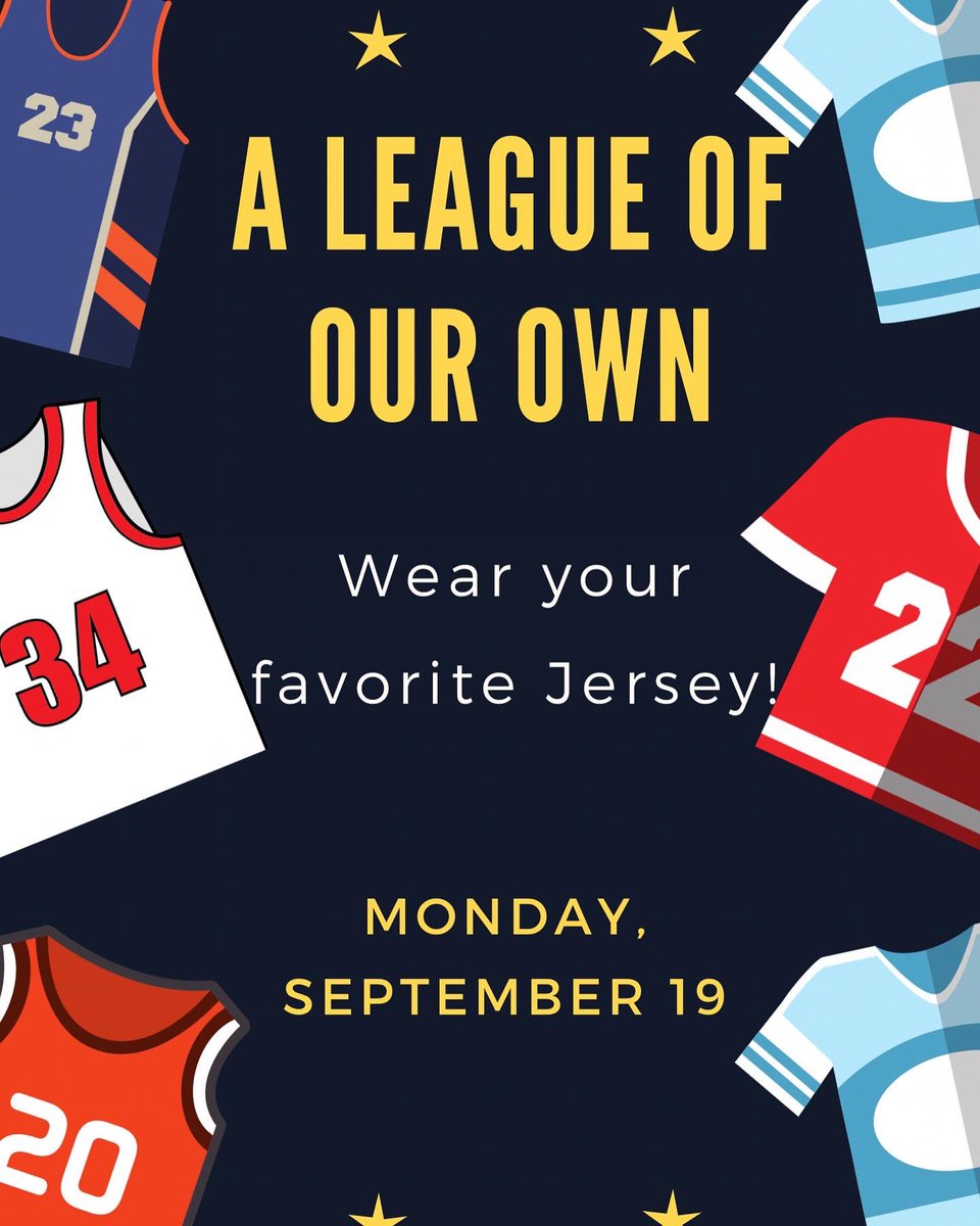 SouthavenMiddle's tweet photo. Spirit Week is THIS week! Tomorrow we kick it off with “A League of Our Own”…wear your favorite jersey! #ChargerTowardExcellence #TeamDCS https://t.co/lpYNcRn52j