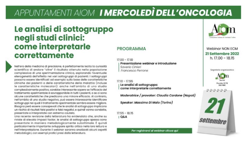 clacardone's tweet photo. 🇮🇹 Interpretation of subgroup analyses in clinical trials 
⏰ 21.09.22 - 17.00 via @AIOMtweet 

@MassimoDiMaio75 will try again to make methodology easy 😵‍💫
@fperrone62 @SCinieri 

👉🏻 🇮🇹 webinar registration 
https://t.co/BviMNaiBQy https://t.co/ASdGpteiGW