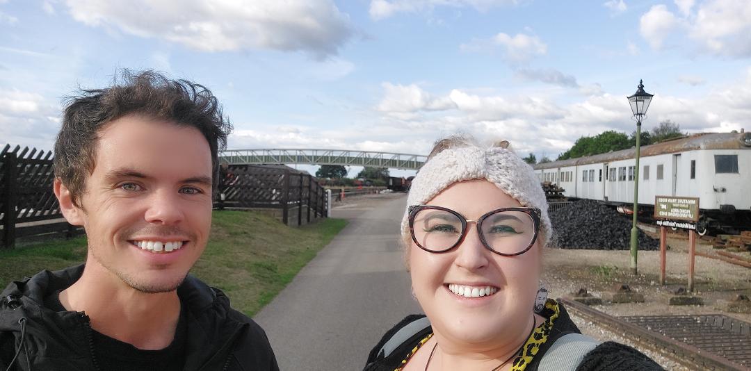 NCCbyKimberley's tweet photo. Last stop before home! Adam managed to sneak up on me. Partly because he's an ultra runner, but more so because I thought the wait was either 30 or 60 seconds, but it was meant to be 10 🙈😅 #BuckinghamshireRailwayCentre #TaskmasterTour #TaskmasterRoadtrip #Taskmaster https://t.co/XrUgr7gAkv