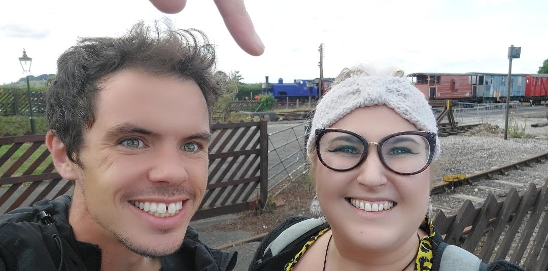 NCCbyKimberley's tweet photo. Last stop before home! Adam managed to sneak up on me. Partly because he's an ultra runner, but more so because I thought the wait was either 30 or 60 seconds, but it was meant to be 10 🙈😅 #BuckinghamshireRailwayCentre #TaskmasterTour #TaskmasterRoadtrip #Taskmaster https://t.co/XrUgr7gAkv