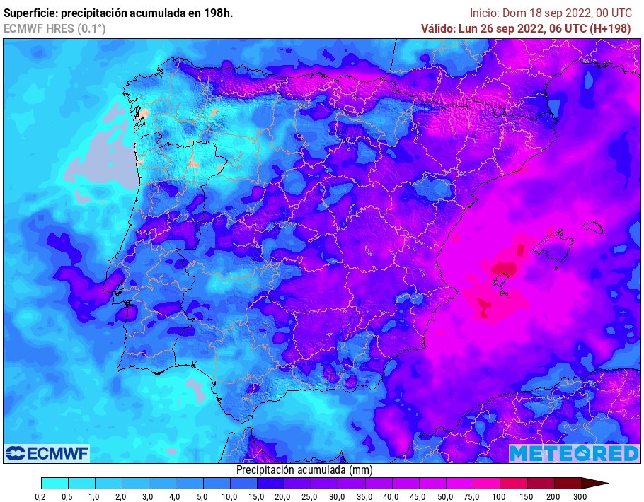 ⚠️ Encara queden moltes hores, però aquest és el mapa de precipitació acumulada prevista (model europeu) fins dilluns vinent. El cap de setmana podria fer una regada molt important a la meitat est de la Península ☔️

#Projecte4Estacions