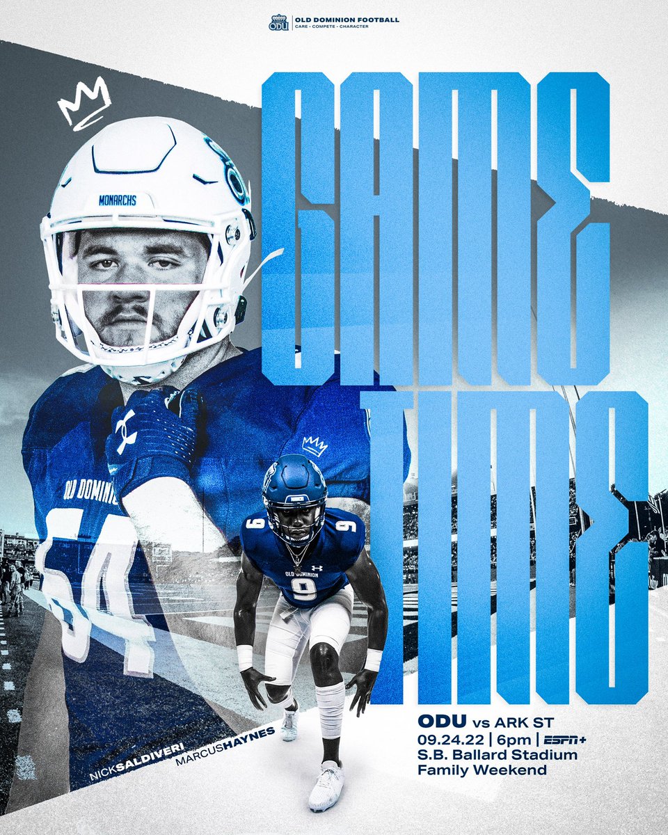 ODUFootball's tweet photo. GAMETIME for Family Weekend‼️🔒

🆚: Arkansas St
⏰: 6 pm ET
🗓: 09.24.22
📺: ESPN+
📍: S.B. Ballard Stadium 

#ReignOn https://t.co/oLLgk4l76P