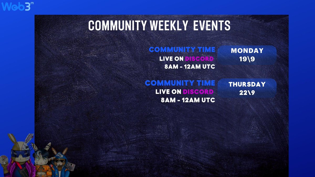 _WEB3M_'s tweet photo. This week events! We're on #Discord 
See ya ✌️🤗
#web3community #events https://t.co/DR3oUFqxj1