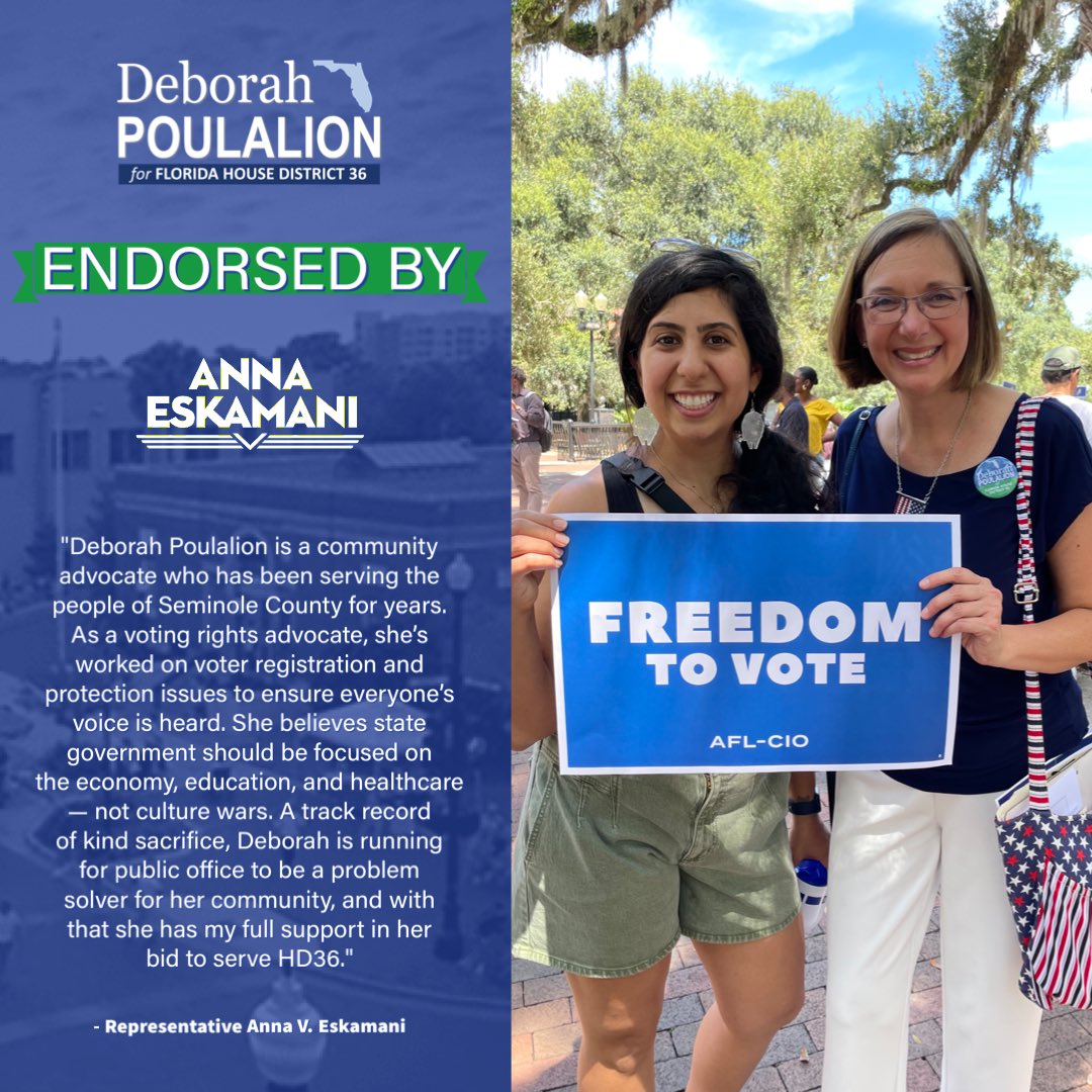 . <a href="/AnnaForFlorida/">Rep. Anna V. Eskamani, PhD 🔨</a> has been a Democratic champion for rights and personal freedoms in the Florida House for the past four years. I’m honored to receive her endorsement!